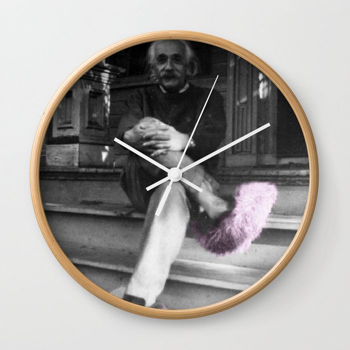 Satirical Einstein in Fuzzy Pink Slippers Classic E = mc² Black and White Satirical Photography  Wall Clock