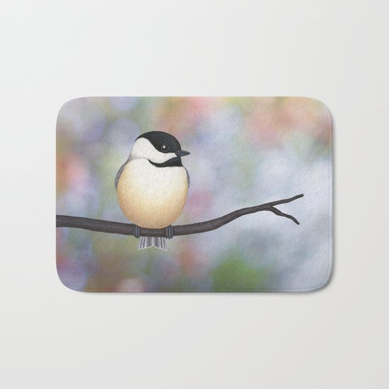 black capped chickadee on a branch Bath Mat