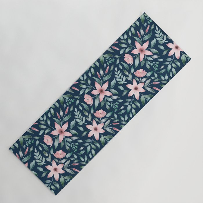 Watercolor pink flowers and leaves dark version Yoga Mat