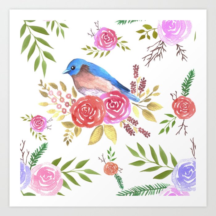 Cute bluebird on red roses Art Print