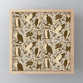 Cute Barn Owls in Woodblock Print Pattern Framed Mini Art Print