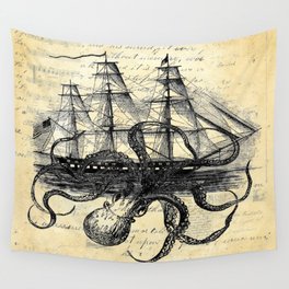 Kraken Octopus Attacking Ship Multi Collage Background Wall Tapestry
