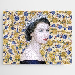 Queen Elizabeth II with Vintage Gold Floral Tapestry Jigsaw Puzzle