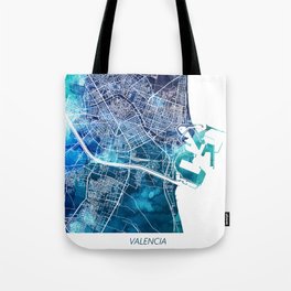 Valencia Spain Map Navy Blue Turquoise Watercolor Tote Bag