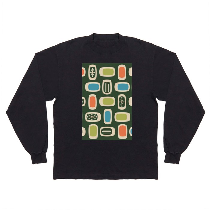 Midcentury MCM Rounded Rectangles Multicolored Dark Green Long Sleeve T Shirt