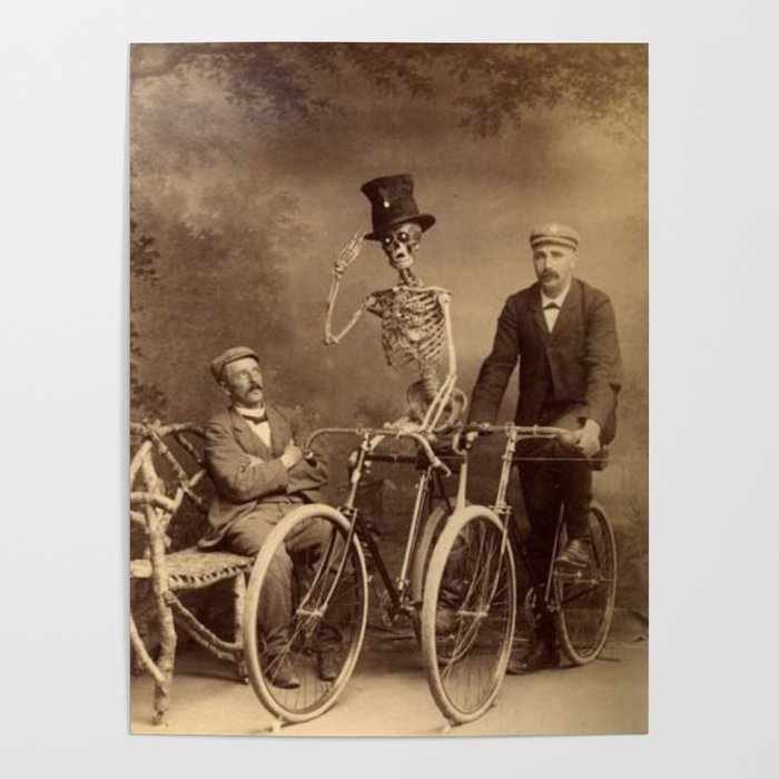 Skeleton Bicycling in the Park with a Friend black and white vintage photography / photographs Poster