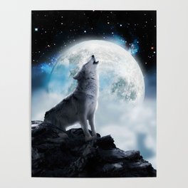 Cosmic Space Wolf Wolves Howling At Moon Poster