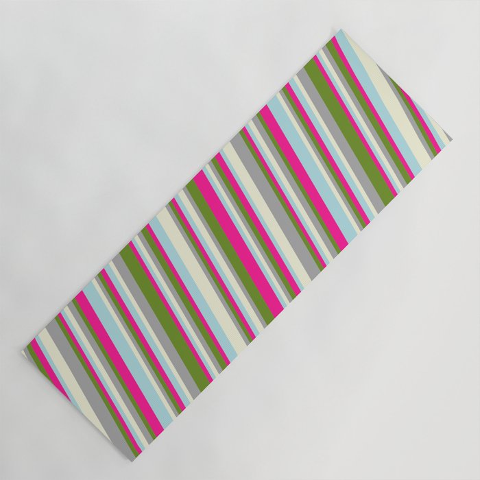 Beige, Dark Gray, Green, Deep Pink, and Powder Blue Colored Stripes Pattern Yoga Mat