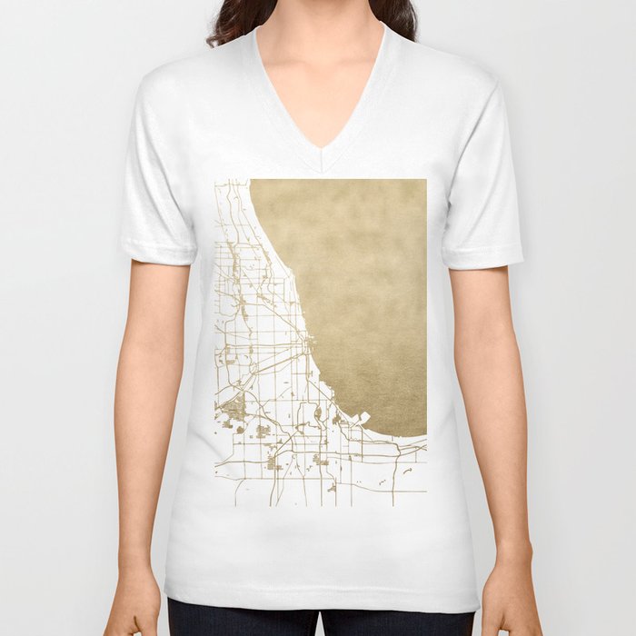 Chicago Gold and White Map V Neck T Shirt