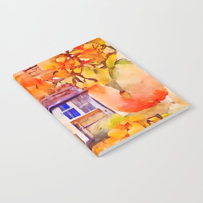 AUTUMN COTTAGE Whimsical Rustic Fall Season Pumpkin Country House Watercolor Painting Notebook