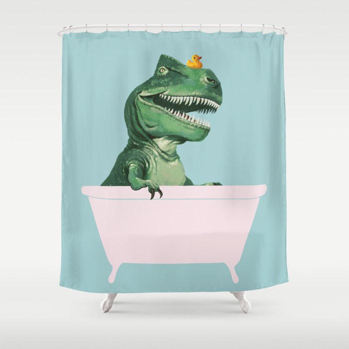 Playful T-Rex in Bathtub in Green Shower Curtain | Painting, Digital, Acrylic, Watercolor, Cute, Humor, Dinosour, Bathtub, Children, Nursery