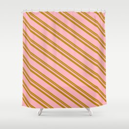 [ Thumbnail: Dark Goldenrod & Light Pink Colored Striped/Lined Pattern Shower Curtain ]