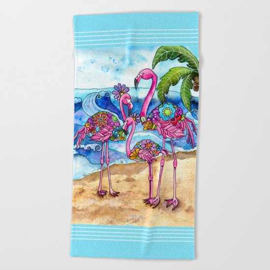 The Flamingo Family's Day at the Beach Beach Towel