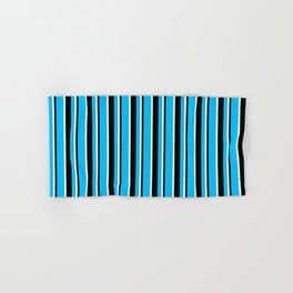 [ Thumbnail: Deep Sky Blue, Black, and Light Yellow Colored Lines Pattern Hand & Bath Towel ]
