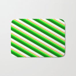 [ Thumbnail: Vibrant Orange, Pale Goldenrod, Lime, Green, and White Colored Stripes/Lines Pattern Bath Mat ]
