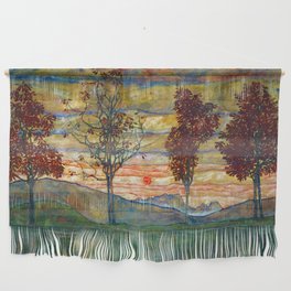 Four Trees with Red Leaves at Sunrise landscape painting by Egon Schiele Wall Hanging