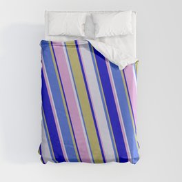 [ Thumbnail: Vibrant Royal Blue, Lavender, Plum, Blue, and Dark Khaki Colored Lined/Striped Pattern Duvet Cover ]