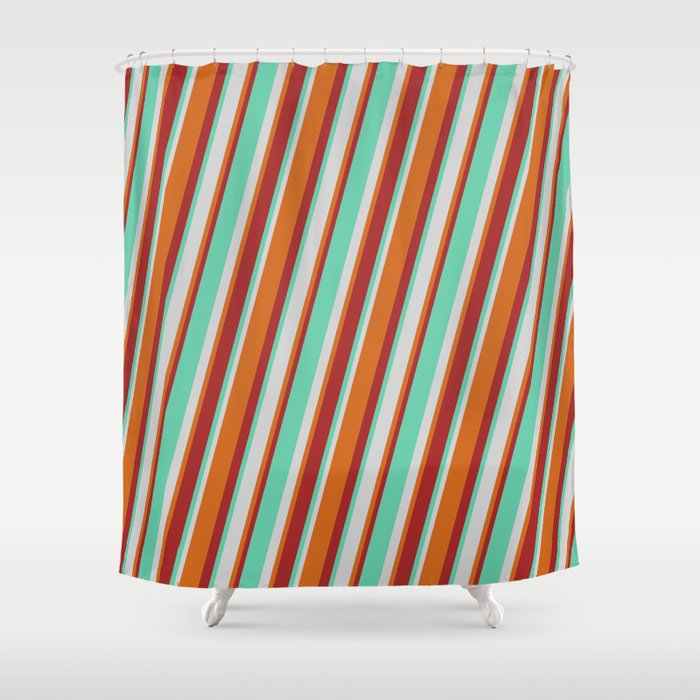 Aquamarine, Light Grey, Chocolate & Brown Colored Striped/Lined Pattern Shower Curtain