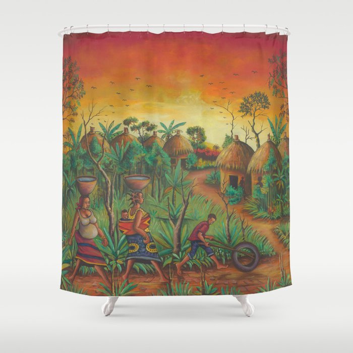Village painting from Africa of Villagers Shower Curtain