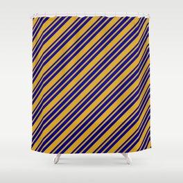 [ Thumbnail: Goldenrod and Dark Blue Colored Lined Pattern Shower Curtain ]
