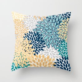 Floral Blooms, Yellow, Teal, Blue, Gray Throw Pillow