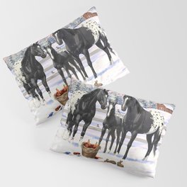 Black Appaloosa Horses In Winter Snow Pillow Sham