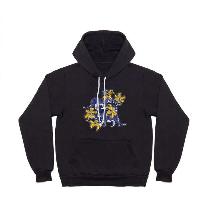 Tigers in a tiger lily garden // textured navy blue background very peri wild animals goldenrod yellow flowers Hoody