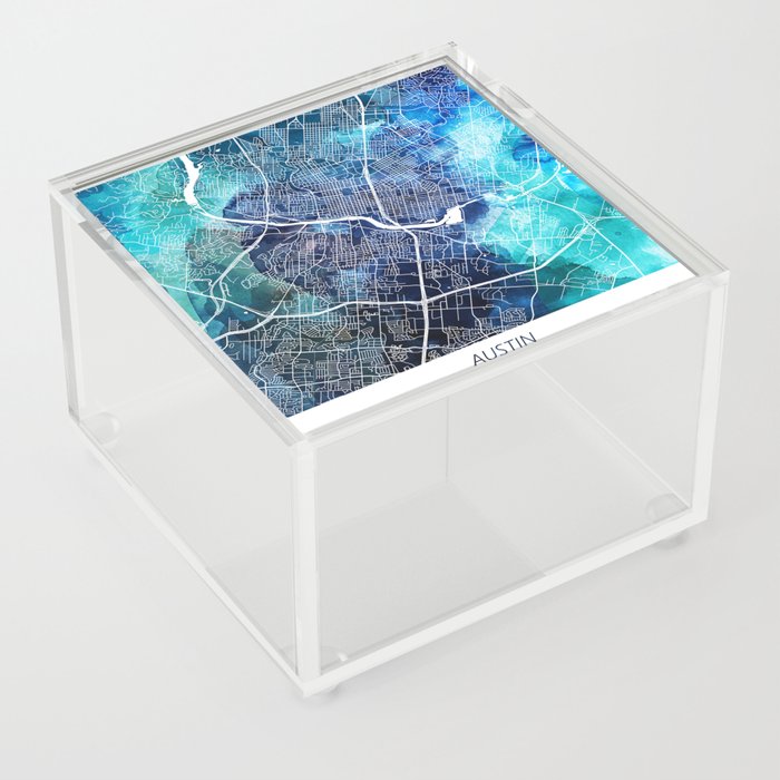 Austin Texas Map Navy Blue Turquoise Watercolor Acrylic Box