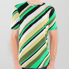 [ Thumbnail: Eyecatching Tan, Dark Olive Green, Green, Black, and White Colored Lines/Stripes Pattern All Over Graphic Tee ]