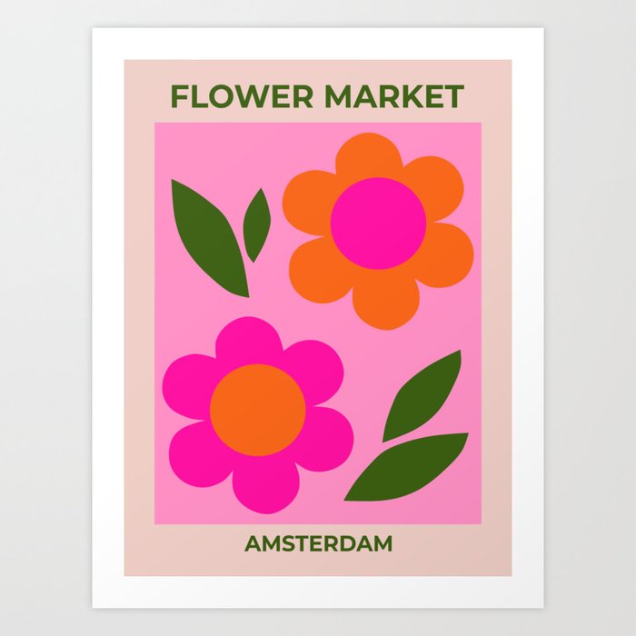 Flower Market Amsterdam Floral Art Retro Flowers Aesthetic Preppy Pink And Orange Art Print