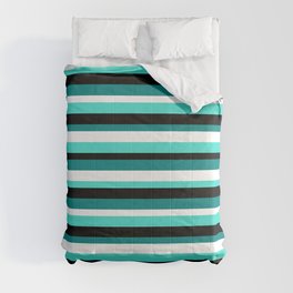 [ Thumbnail: Turquoise, Black, Teal, and White Striped/Lined Pattern Comforter ]