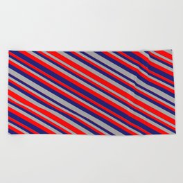 [ Thumbnail: Midnight Blue, Dark Grey & Red Colored Striped/Lined Pattern Beach Towel ]