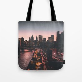 New York City Manhattan skyline and Brooklyn Bridge at sunset Tote Bag