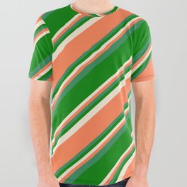 [ Thumbnail: Beige, Coral, Sea Green, and Green Colored Pattern of Stripes All Over Graphic Tee ]