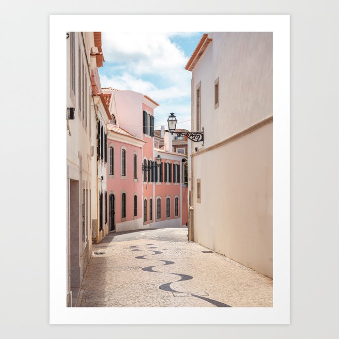 Pastel houses in Cascais Portugal - vintage street and travel photography Art Print