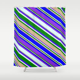 [ Thumbnail: Colorful Green, Tan, Blue, Purple, and Light Cyan Colored Striped/Lined Pattern Shower Curtain ]