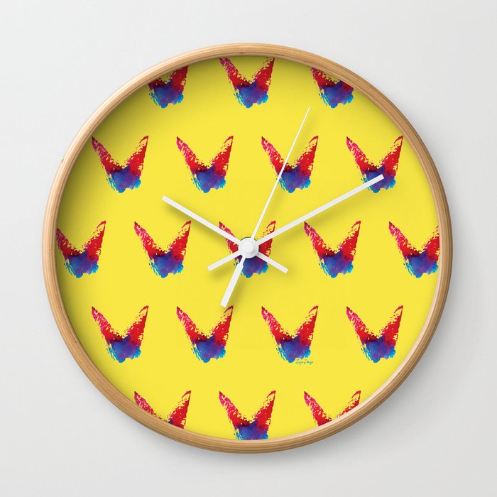Abstract red and blue butterfly pattern with yellow background Wall Clock