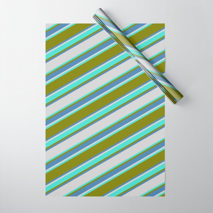 Green, Blue, Light Gray & Turquoise Colored Striped Pattern Wrapping Paper