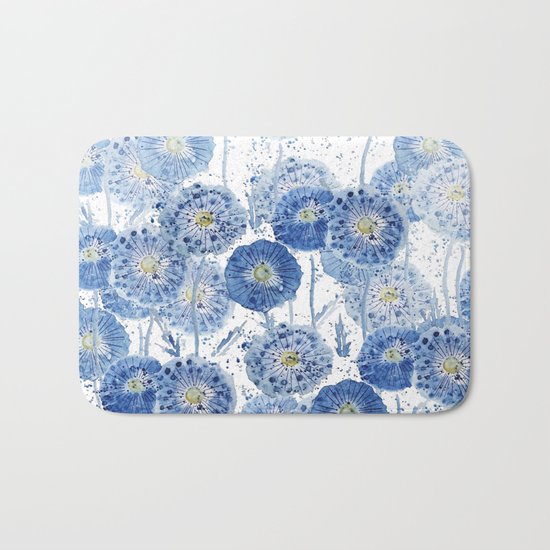 blue indigo dandelion pattern watercolor Bath Mat
