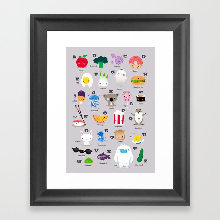 Children’s room alphabet – Kawaii illustrations for all letters from A for apple to Z for zucchini Framed Art Print