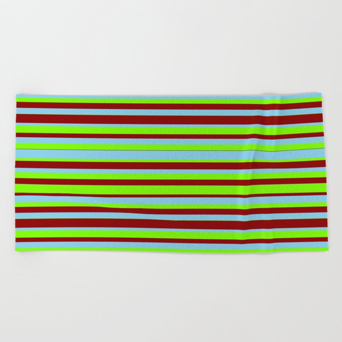 Sky Blue, Green & Dark Red Colored Lined Pattern Beach Towel