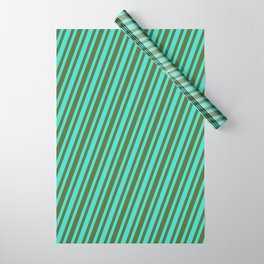 [ Thumbnail: Turquoise and Dark Olive Green Colored Stripes/Lines Pattern Wrapping Paper ]