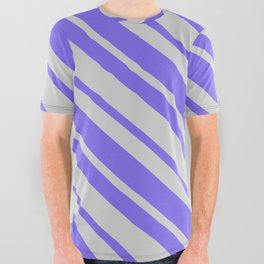 [ Thumbnail: Light Gray & Medium Slate Blue Colored Stripes Pattern All Over Graphic Tee ]