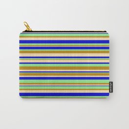 [ Thumbnail: Light Green, Dark Goldenrod, Beige, and Blue Colored Stripes/Lines Pattern Carry-All Pouch ]