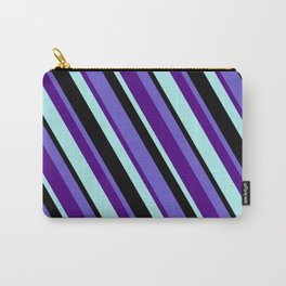 [ Thumbnail: Slate Blue, Indigo, Turquoise & Black Colored Striped Pattern Carry-All Pouch ]