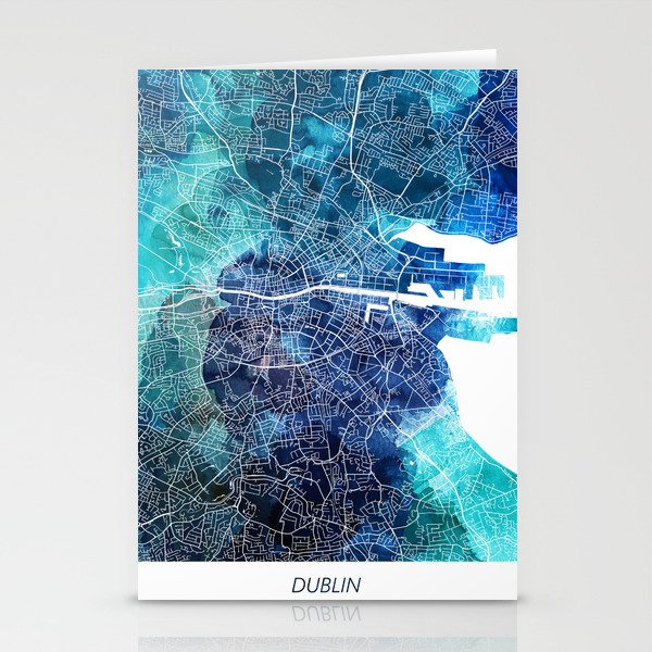 Dublin Ireland Map Navy Blue Turquoise Watercolor Stationery Cards