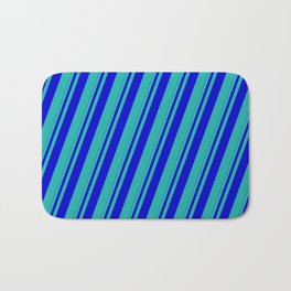 [ Thumbnail: Blue and Light Sea Green Colored Striped Pattern Bath Mat ]