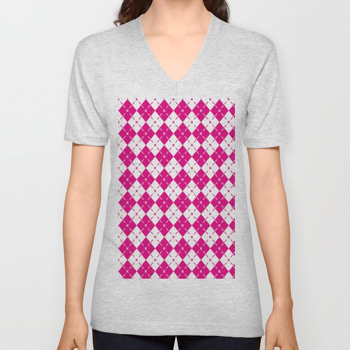 Pink Argyle Pattern,Diamond Geometrical Shape Quilt Knit Sweater Tartan V Neck T Shirt