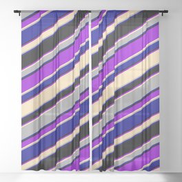 [ Thumbnail: Eyecatching Dark Violet, Beige, Dark Grey, Dark Blue & Black Colored Lined Pattern Sheer Curtain ]