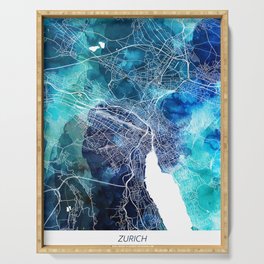 Zurich Map Navy Blue Turquoise Watercolor Zurich Switzerland City Map Serving Tray